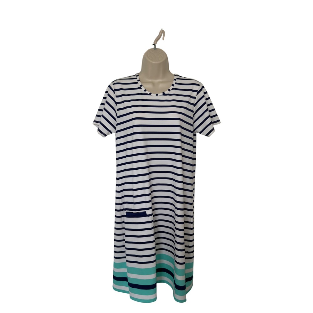 Talbots Womens Dress M White Blue Striped UPF Sun Protection Short Sleeve Shift